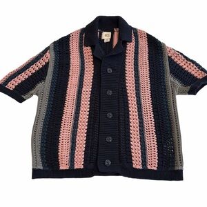 BDG Urban Outfitters Striped Crochet Button-Up Cardigan – Navy Pink Gray Short S